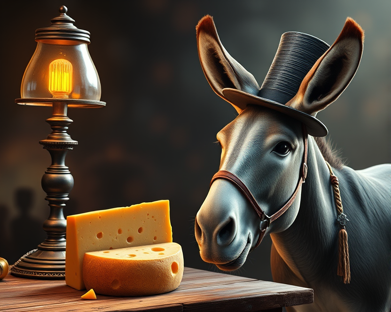 lamp, cheese, donkey, top hat, bracelet